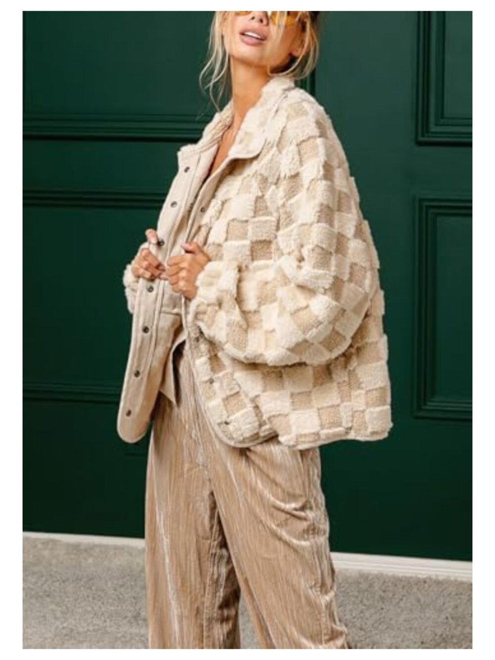 Women Winter Checkered Fleece Jacket Oversized Sherpa Shacket Faux Fur Coat - Picture 5 of 5